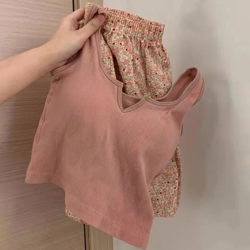 Korean Style Sexy Cute Little Emerald Flower Vest Women's Home Clothes With Chest Cushion Comfortable Cotton Pajamas Set