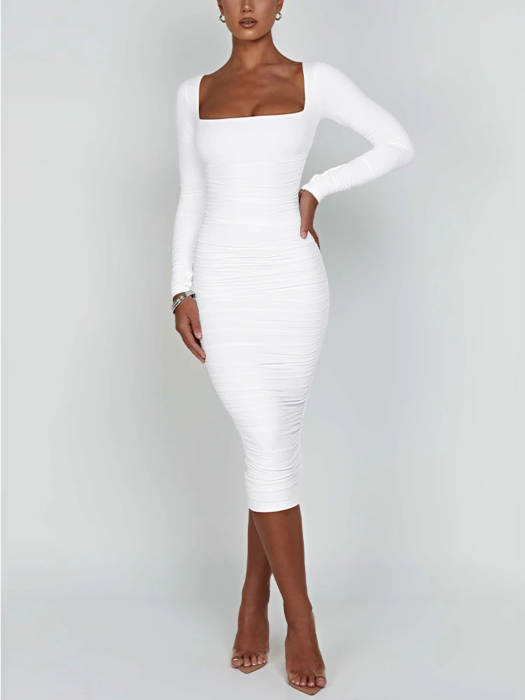 Robe moulante Sexy pour femmes, col carré, manches longues, robes de soirée, automne et hiver