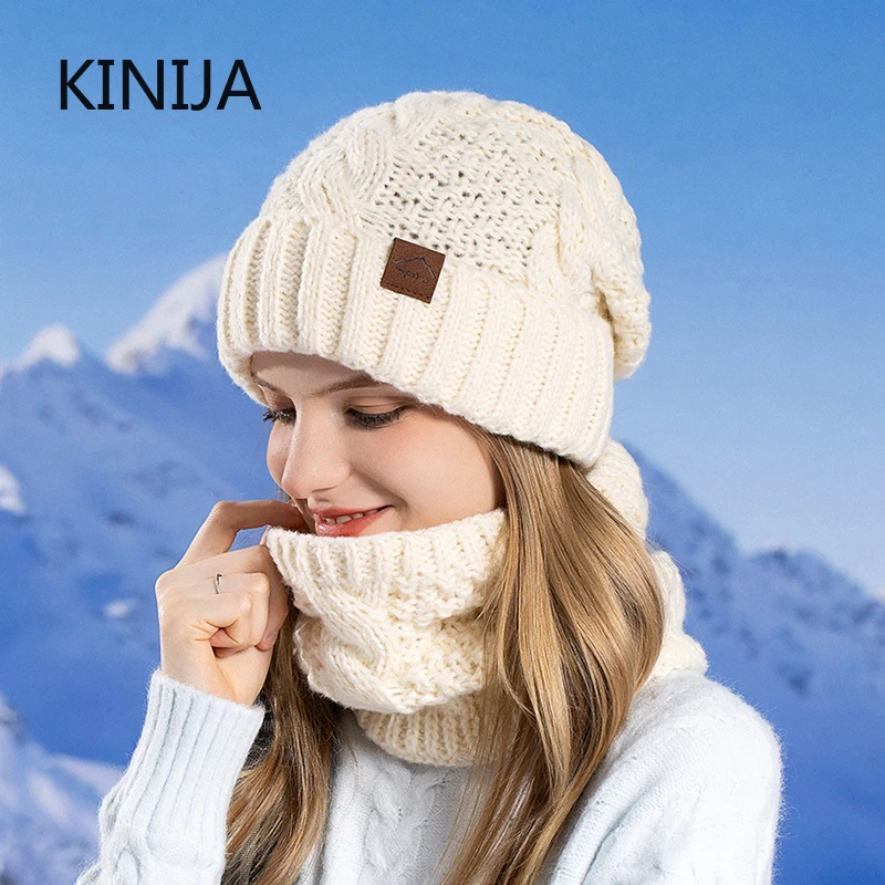 Ensemble écharpe et chapeau tricoté pour femmes, doublure polaire épaisse, Skullcap, cyclisme en plein air, Protection contre le vent chaud, hiver
