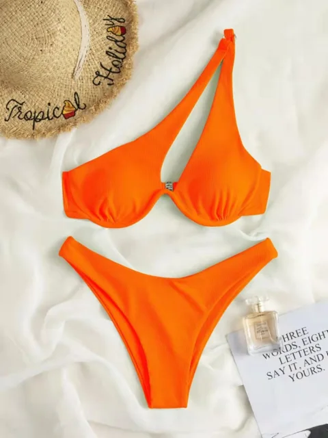 2024 luxe deux pièces solide Patchwork à armatures Push Up une épaule découpé maillots de bain maillots de bain Biqunis brésilien string Bikini – Image 6