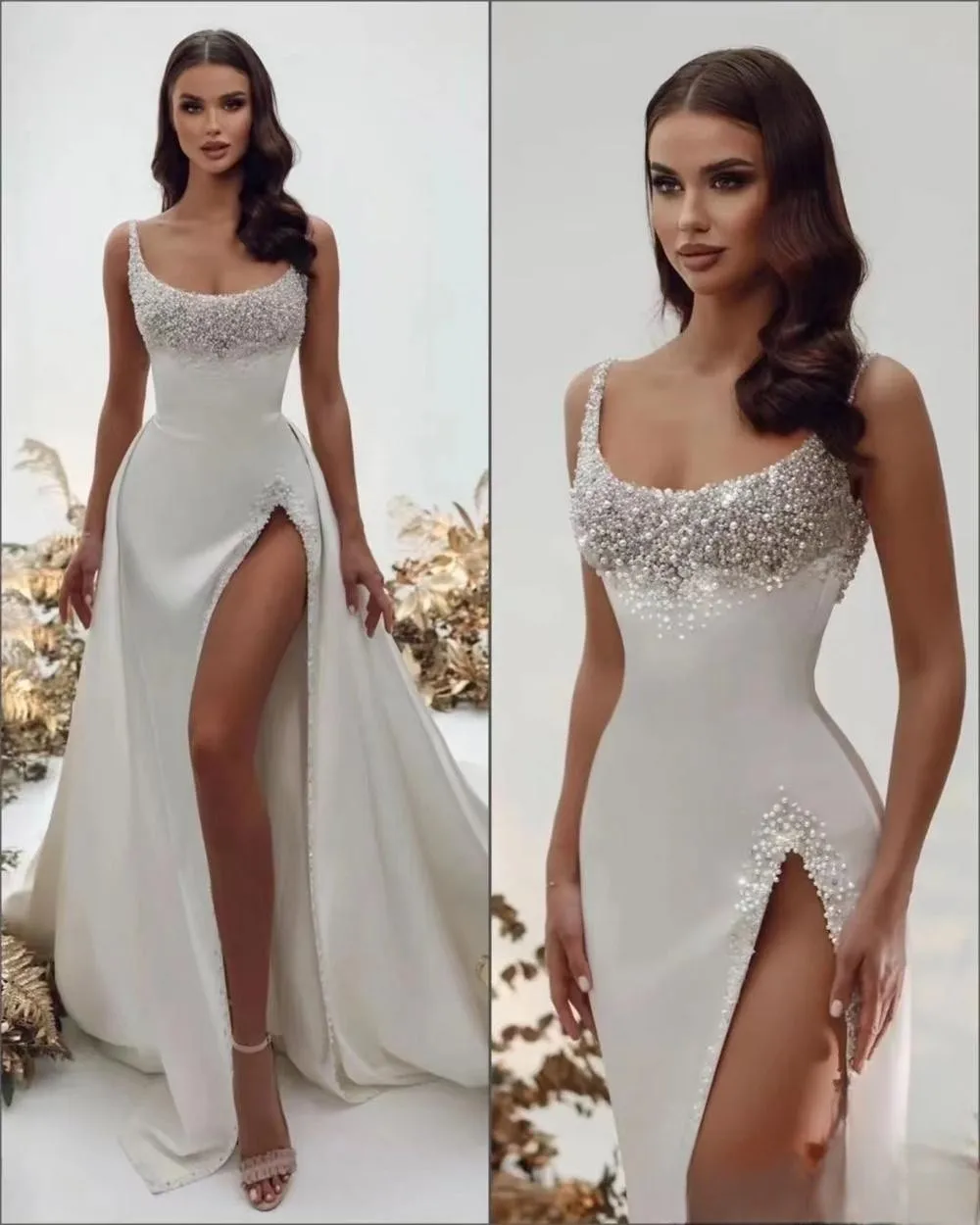 Robe de Soirée en Satin Perlé avec Bretelles Spaghetti et Col Carré, Tenue de Bal Sexy, Sirène, Fendue sur le Côté, pour Occasions Formelles