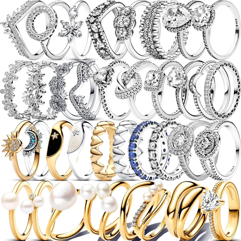 Authentique 925 en argent Sterling fleur couronne étoile lune soleil jour nuit perle coeur Zircon scintillant Pantaro chanceux amour anneaux bijoux