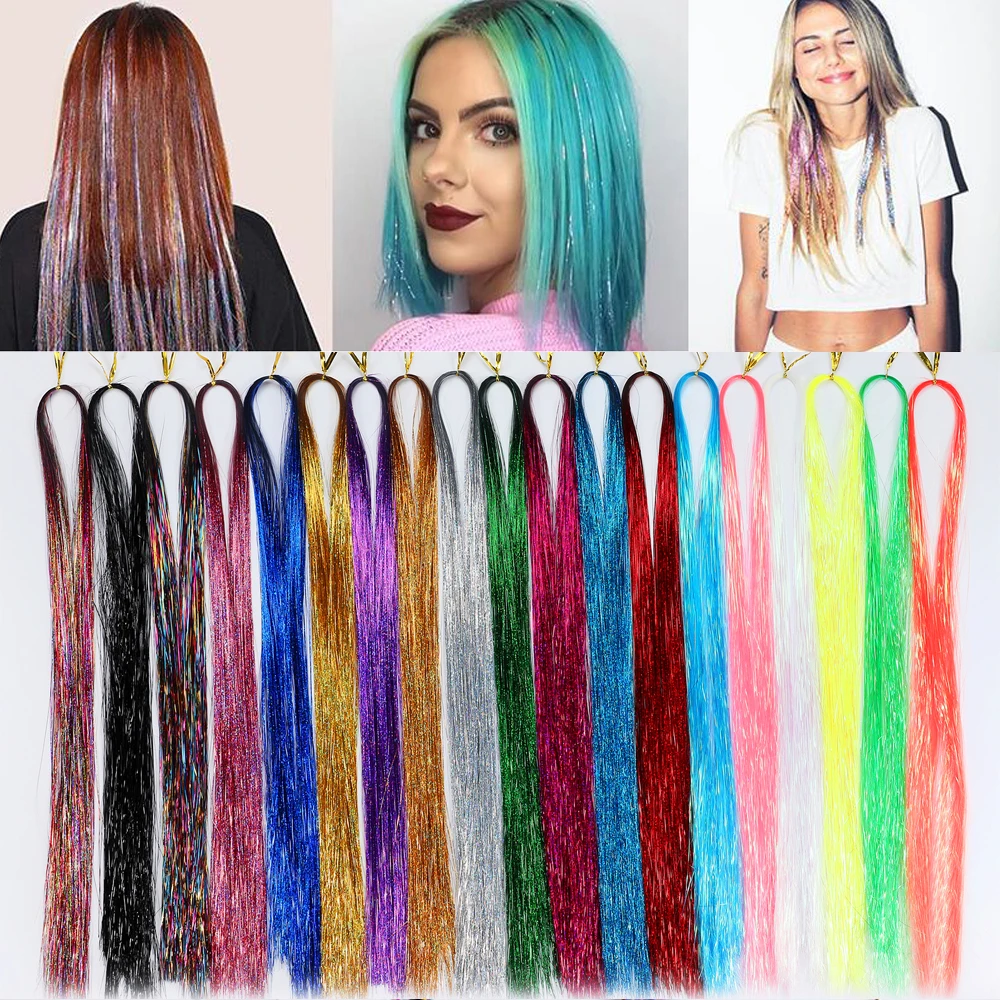 Kit de guirlandes de cheveux synthétiques, 90cm, 24 couleurs, Extension de brins pour femmes et filles, tressage scintillant et brillant