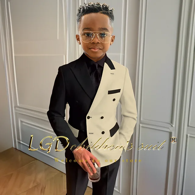 Mn-Veste et pantalon de smoking à double boutonnage pour garçons, revers Patricia, noir et blanc trempé, ajusté, formel, événement de mariage, 2 pièces – Image 2