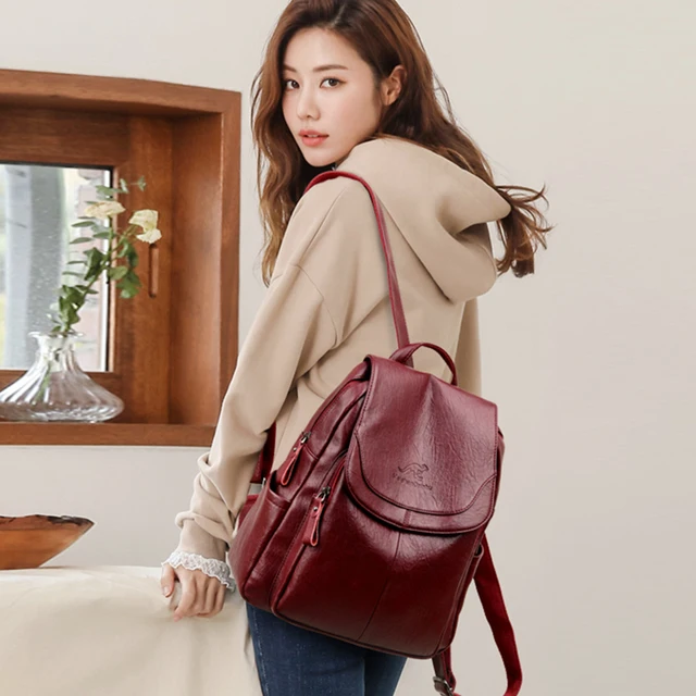 Dames Bookbag sac à dos femmes grande capacité sac à dos sacs à main de haute qualité en cuir femme Vintage sac sacs d'école voyage sac à dos – Image 4