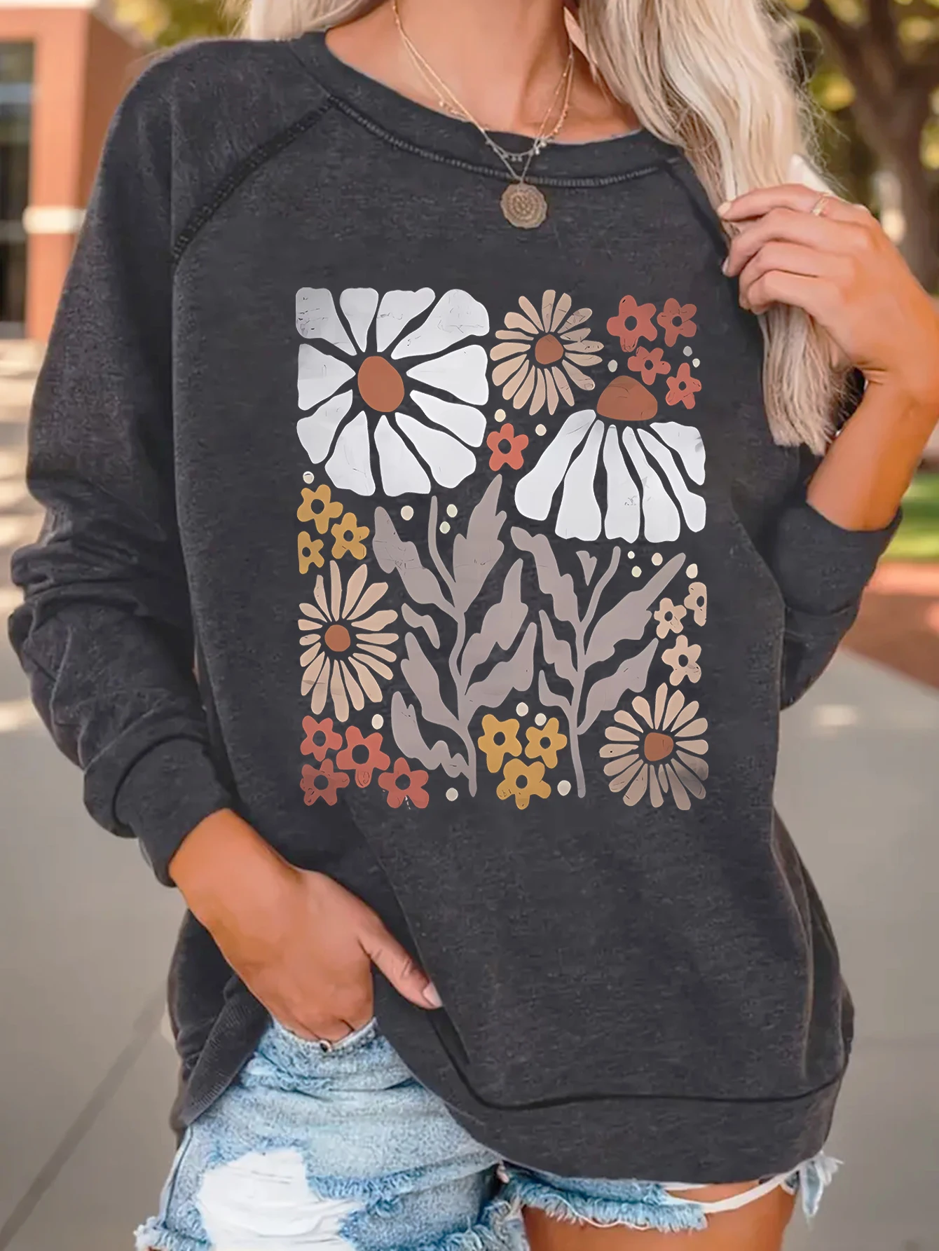 Sweat-shirt bohème imprimé floral et fleurs sauvages