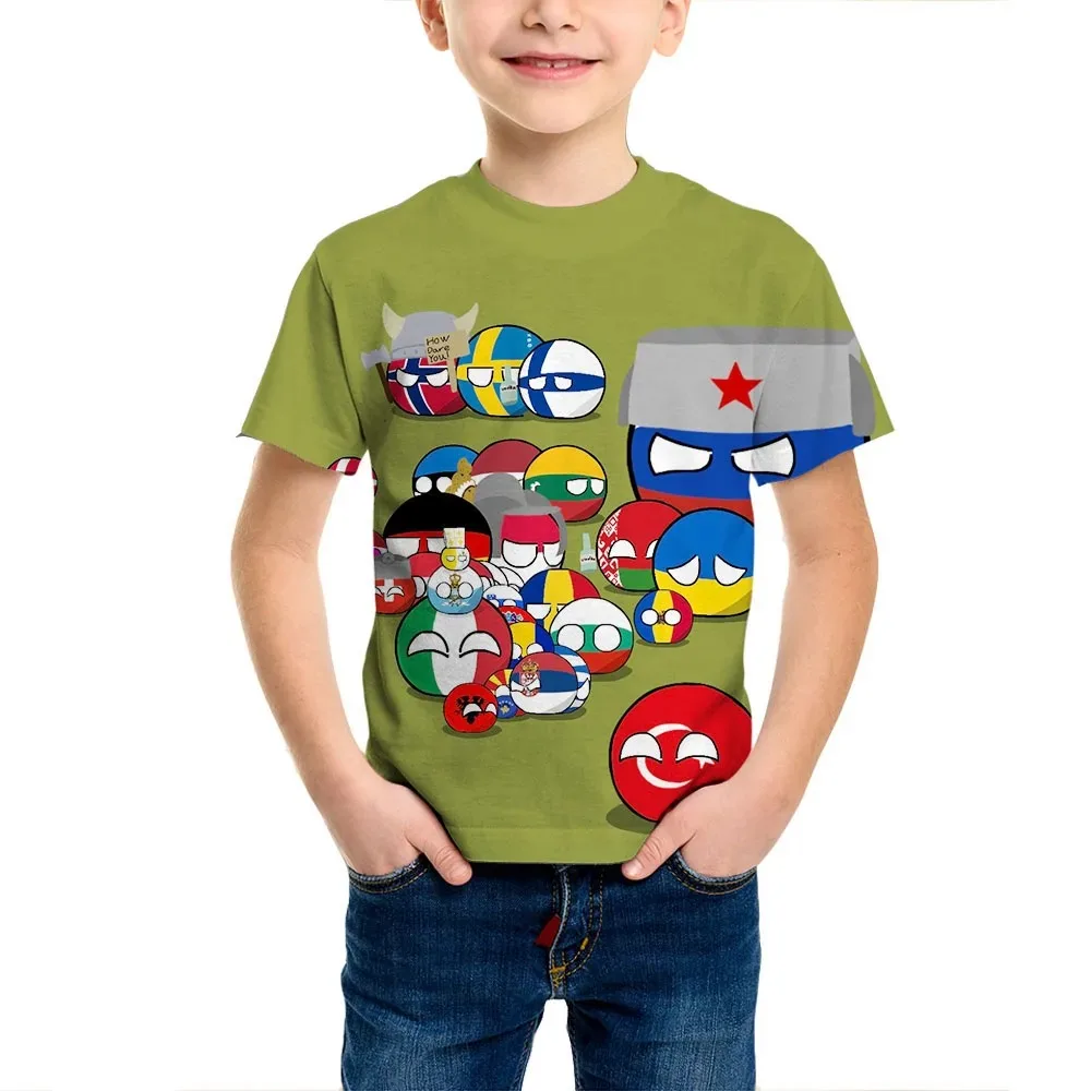 T-shirt imprimé 3D pour enfants, col rond, pull respirant, vêtements décontractés, mode estivale, drôle, Countryball, Polandballs