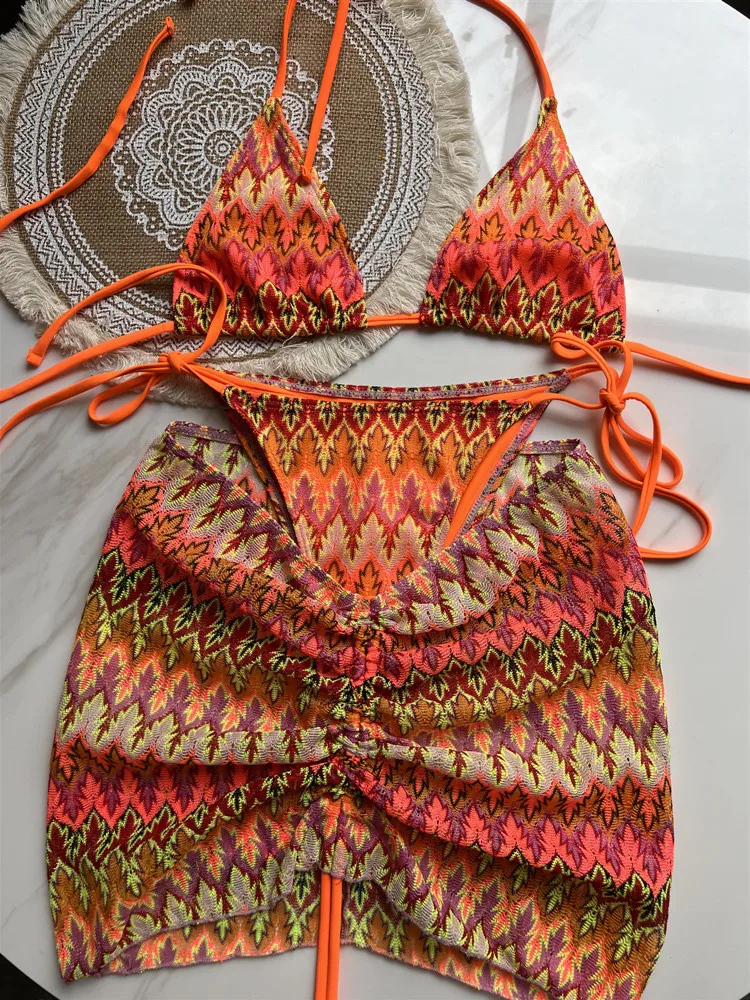 Maillot de bain femme feuilles d'érable colorées jupe de Bikini tricotée ensemble trois pièces maillot de bain fendu Bikini
