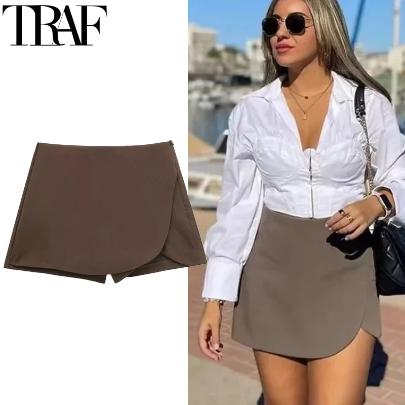 TRAF femme jupe taille haute marron jupe pantalon élégant été rose noir Mini jupe short asymétrique décontracté blanc cassé jupe-short