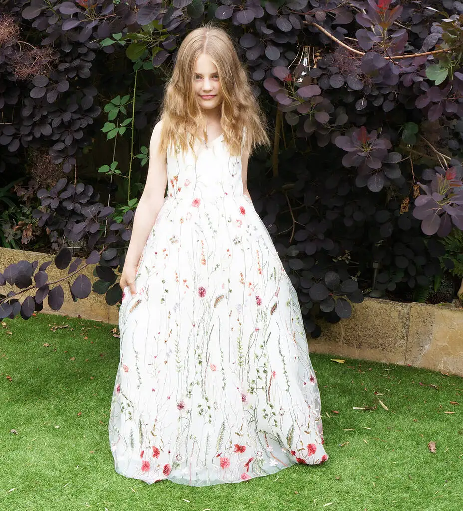 Robe de demoiselle d'honneur princesse pour enfants, robes d'anniversaire jacquard à col V, longueur au sol, pour cérémonie de mariage, première communion, banquet, Rhde promo