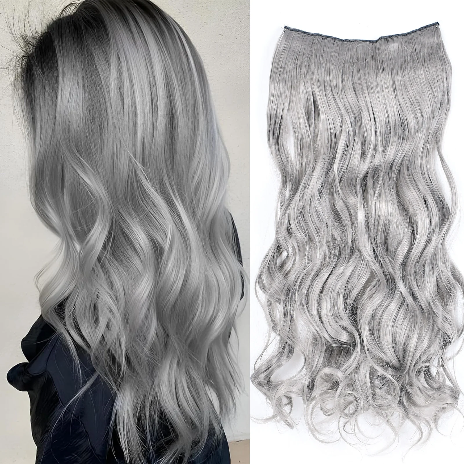Extension de cheveux synthétiques gris argenté pour filles, postiches longues, droites et ondulées, bouclées, noir, document gris, clip en une pièce
