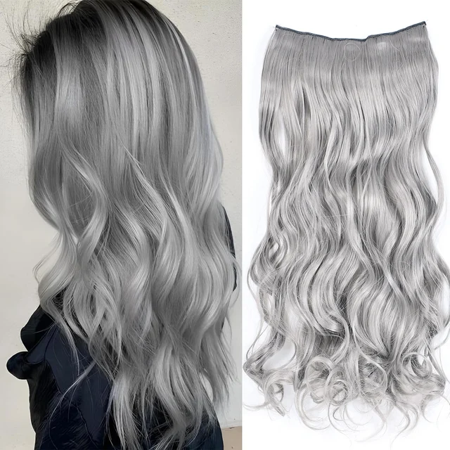 Extension de cheveux synthétiques gris argenté pour filles, postiches longues, droites et ondulées, bouclées, noir, document gris, clip en une pièce