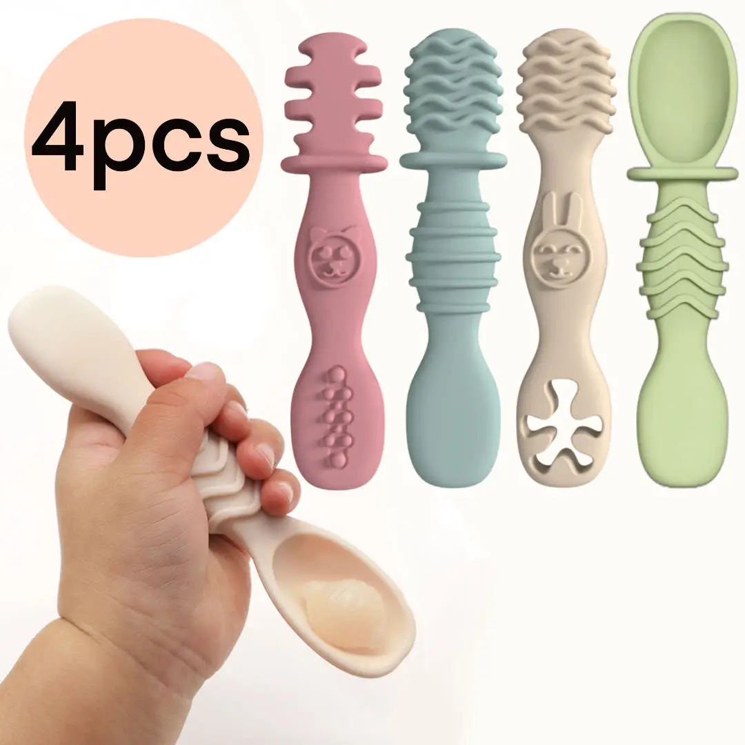 Cuillère de nourriture pour bébé en silicone, cuillère d'entraînement pour bébés de plus de 6 mois, vaisselle facile à saisir, cadeau de noël 4 pièces