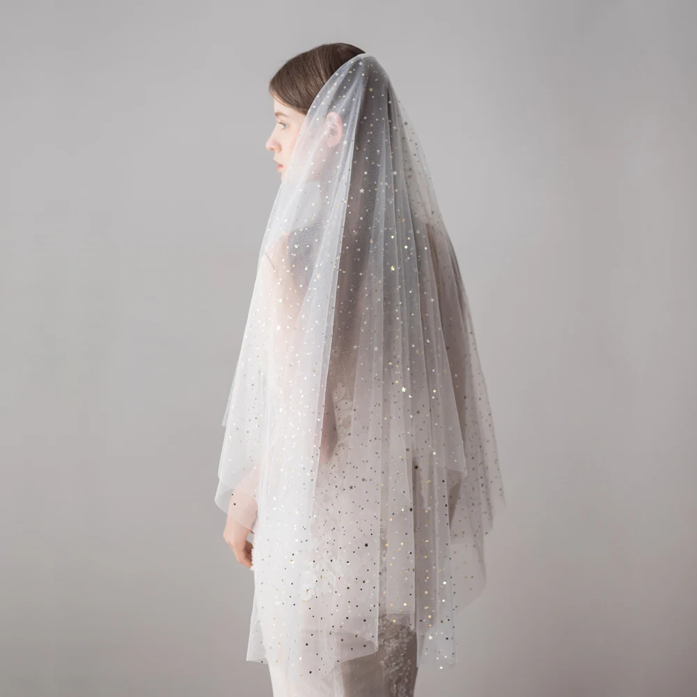 Voile blanc du bout des doigts pour les patients de mariage gracieux, tulle à deux couches, bord coupé, brillant, paillettes, mariées, femmes, accessoires de mariage, V613