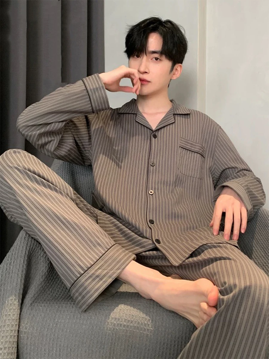 Pajamas Spring and Autumn Men's Long-Sleeved Trousers Cardigan Loose Lapel Large Size Home Clothes Spring Suit