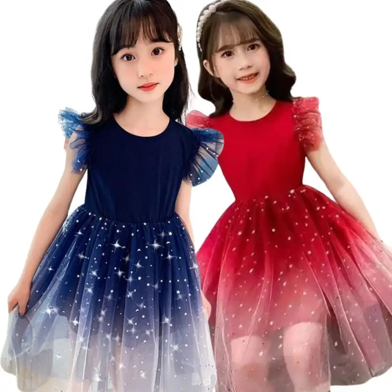 Robe de princesse dégradée ciel étoilé pour filles, sans manches, en gaze, à la mode, cadeau de fête d'anniversaire pour enfants du nouvel an