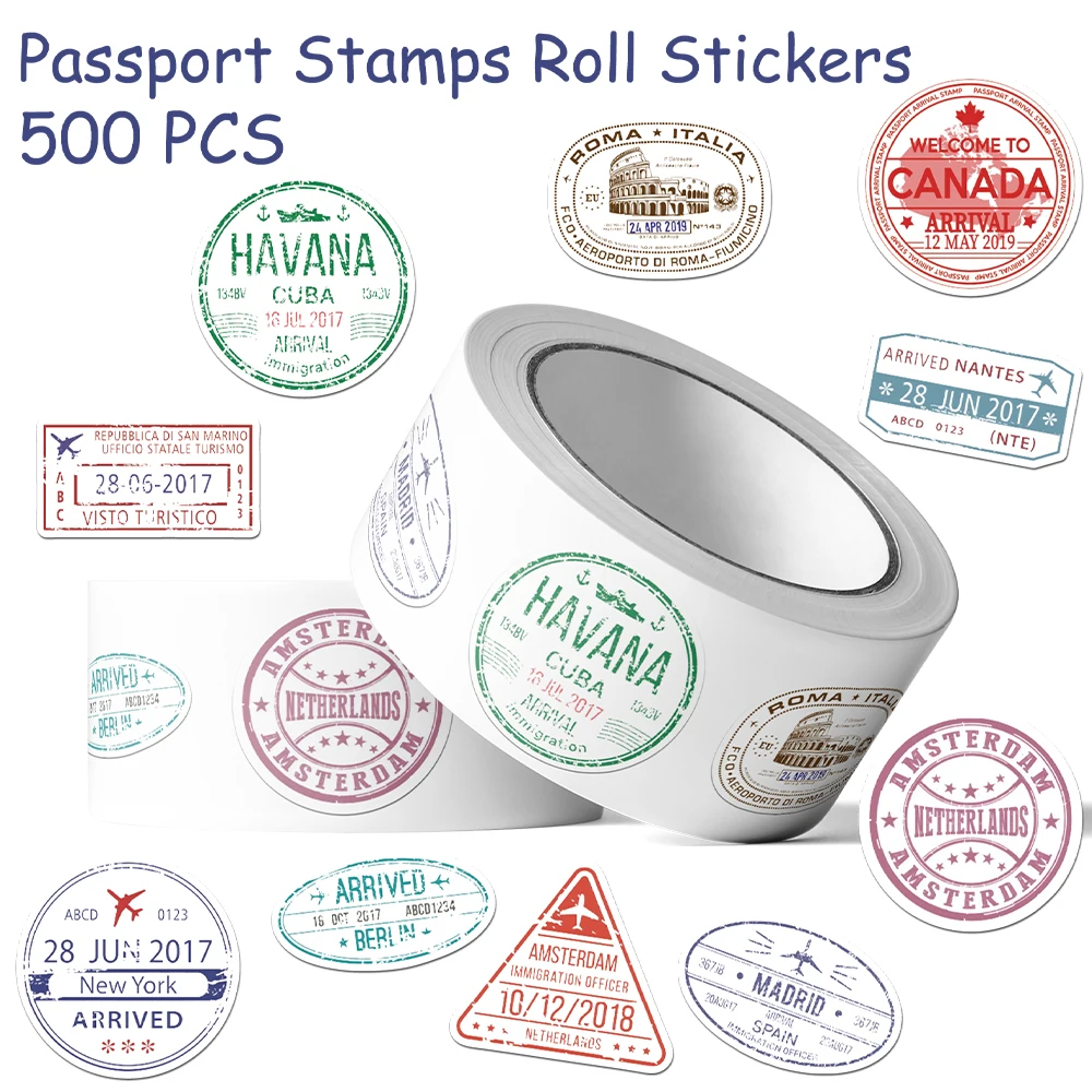 500pcs Colorful Passport Stamps Roll Stickers Decals For Phone Notebook Luggage Skateboard Guitar DIY Cartoon Aesthetic Stickers