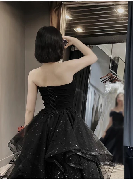 Robe de bal noire robe de bal à lacets dos balayage Train robes de soirée robes de soirée robe de Quinceanera – Image 3
