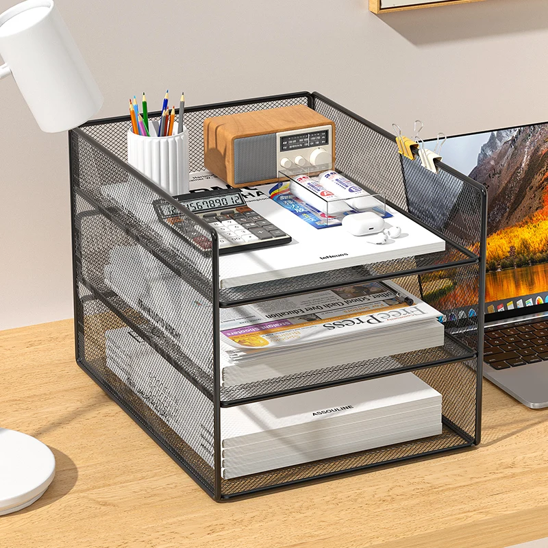 Office File Organizer Capacity Metal Mesh Desk Organizer with Three Layer Design Multifunctional File Holder Paper Storage Rack