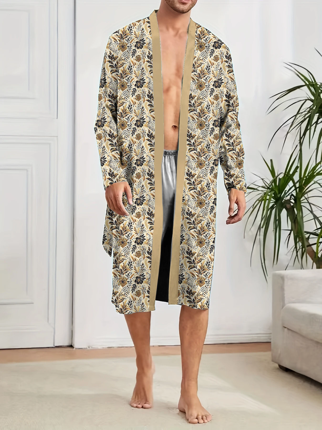 Men's fresh spring and autumn thin style quick drying long sleeved mid to long style summer air-conditioned room ice silk pajama