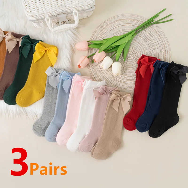 3 paires/lot bébé bambins chaussettes automne printemps enfants enfants filles genou haute longue chaussette coton grand nœud Style espagnol princesse chaussettes