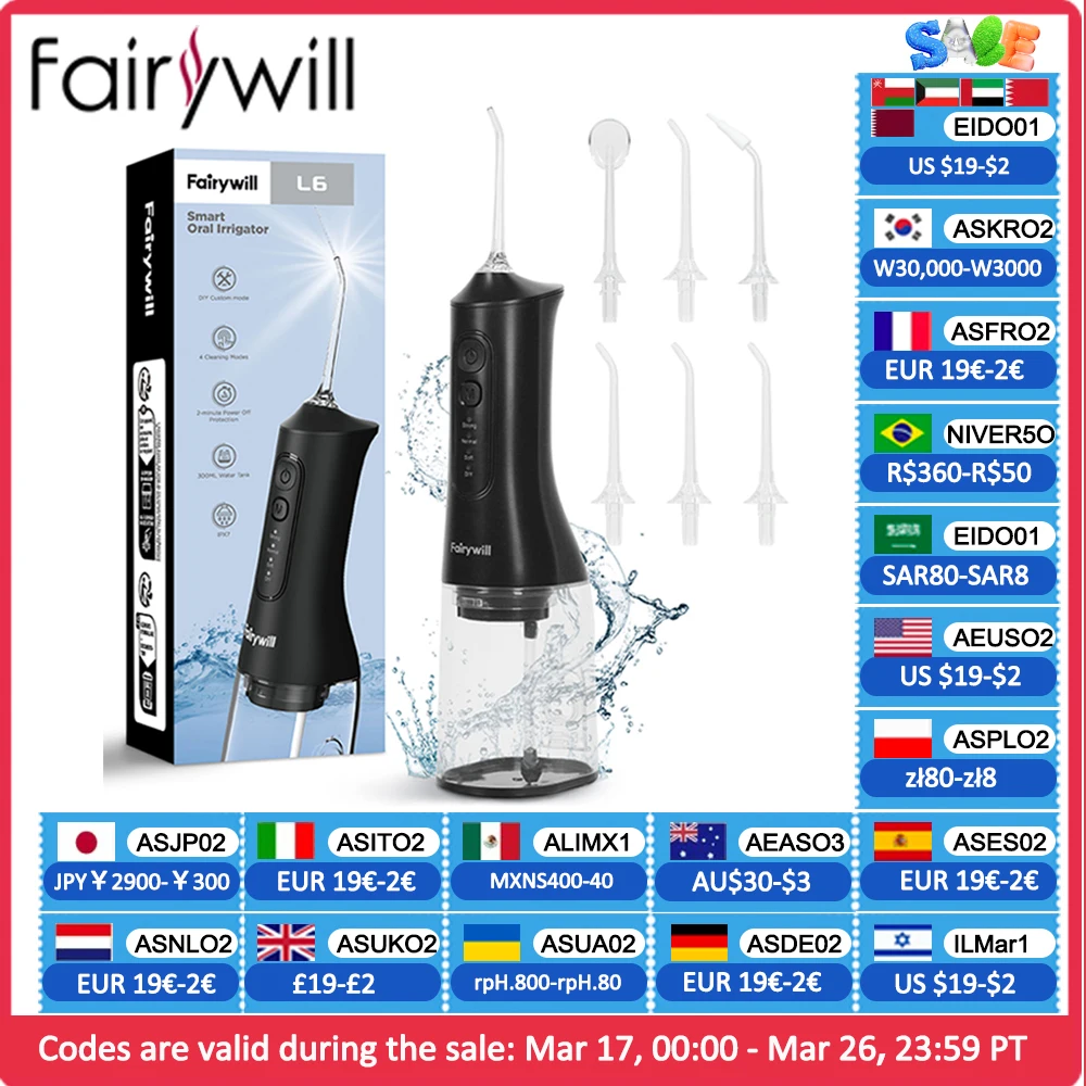 Fairywill hydropulseur Oral Rechargeable Portable dentaire 4 Modes réservoir d'eau pour les dents 300ML nettoyeur de dents étanche
