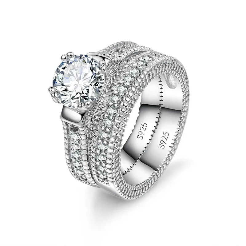 Ensemble de bagues de fiançailles de mariage élégantes, accessoire d'anniversaire de couleur argent Sterling 925 avec pierre de Zircon Cubiz entièrement brillante