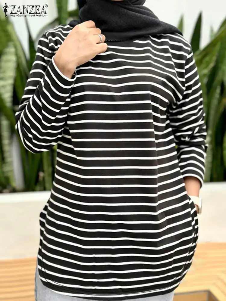 ZANZEA-Chemise musulmane à manches longues pour femmes, chemisier rayé vintage, tunique décontractée, vêtements islamiques, mode automne, Y-Dubaï, 2024
