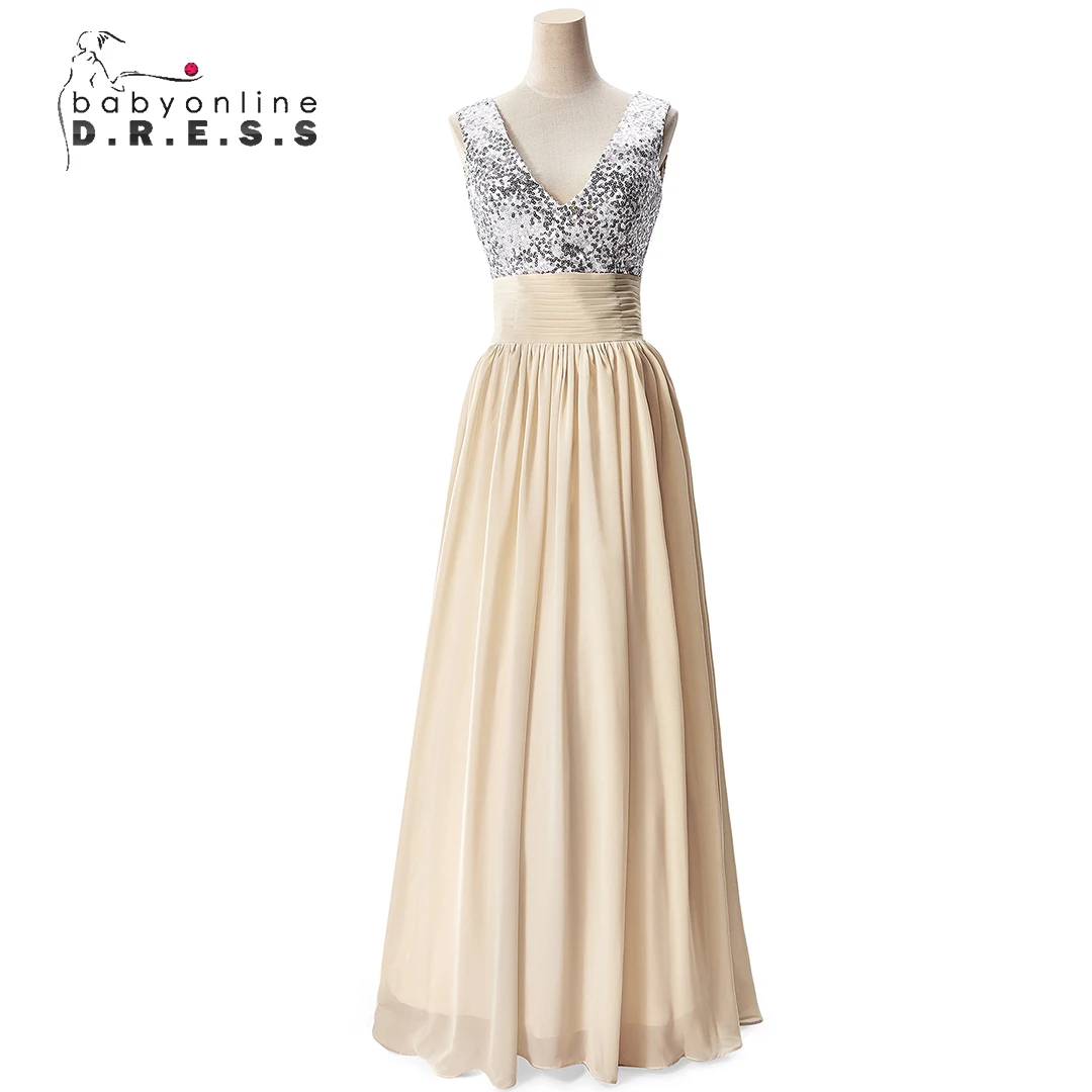 Robe de Demoiselle d'Honneur à Paillettes Argentées, Col en V, Ligne A, Longue Jupe Maxi en Mousseline de Soie, Tenue de Bal, de Soirée Formelle, Sexy