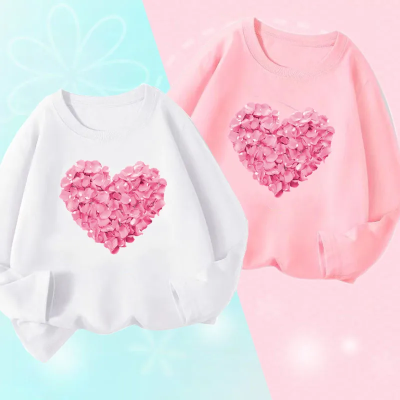T-shirt à manches longues pour filles, rose, cœur, fleur imprimé, mode printemps, enfants, amour graphique, haut basique