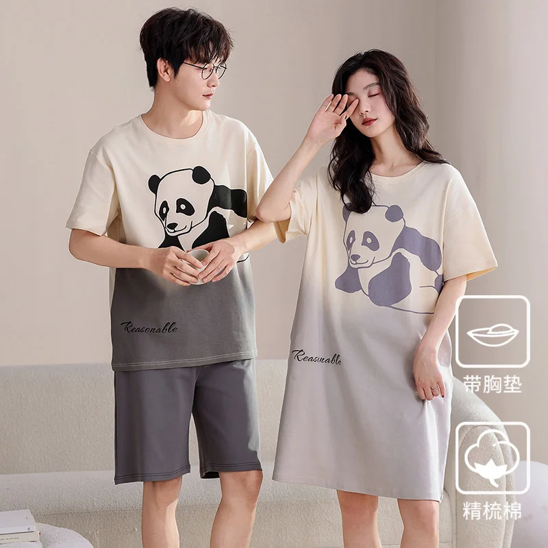 Newest Couple Cute Cartoon Pajama Set Summer 100% Cotton Nightwear Women Short Sleeve Nightgown With Chest Pad