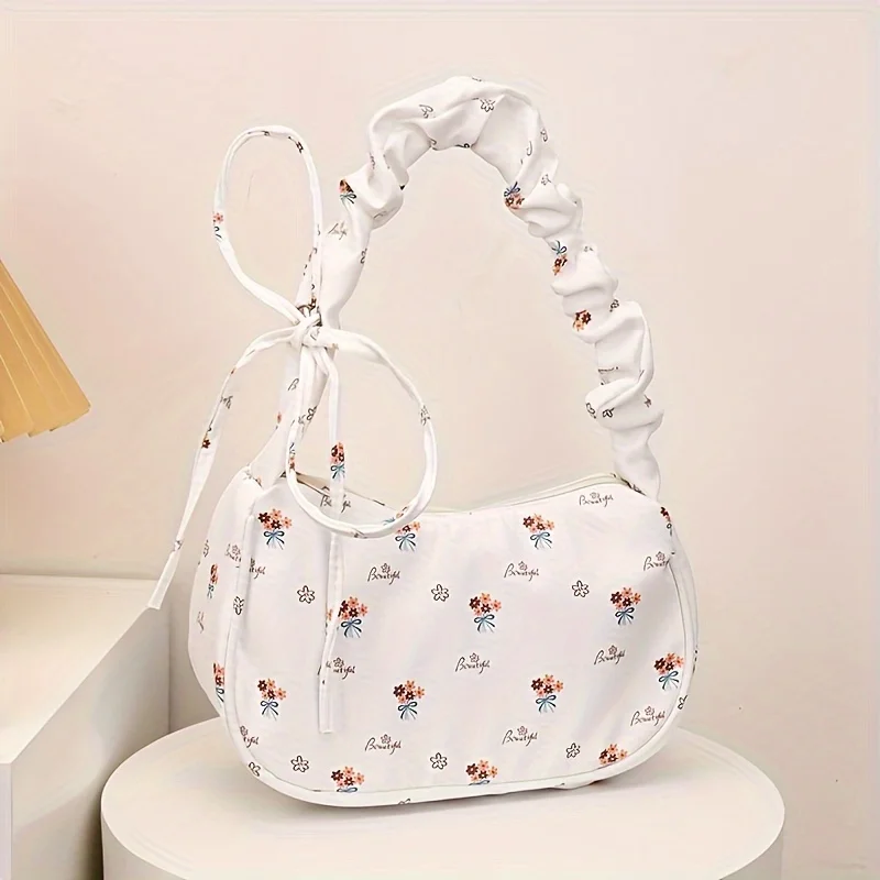 Sac à bandoulière chic en nylon floral – Sac à main élégant sous les bras avec sangle fixe, fermeture éclair pour femme