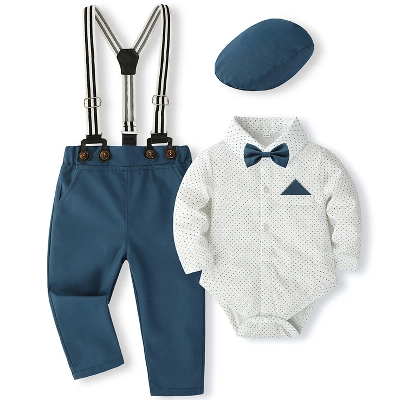 Vêtements de printemps pour nouveau-né garçon, mode coréenne, costume de batterie pour bébé, combinaisons + pantalon + chapeau + bretelles, BC049