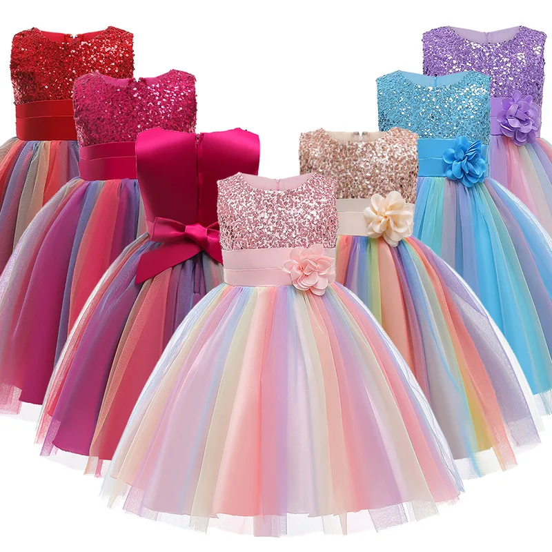 Robe de princesse à fleurs et paillettes pour filles de 3 à 12 ans, avec nœud à la mode, en dentelle colorée, en maille, pour spectacle de fête d'anniversaire et de carnaval