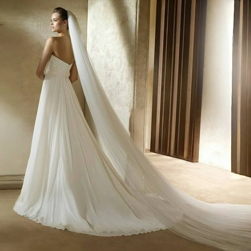 Accessoires de mariée 1 niveau voile de mariage cathédrale avec peigne bord coupé simple voile de mariée long tulle en soie blanc uni doux V30