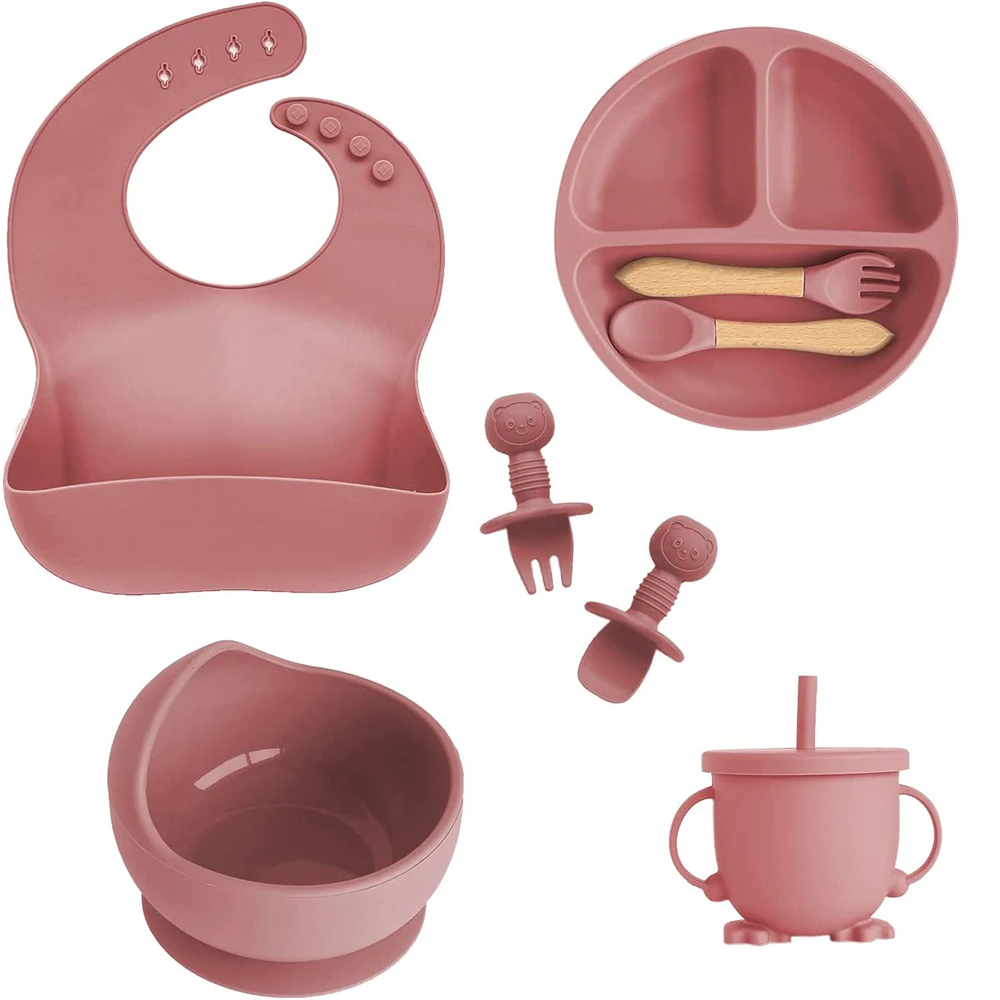 Ensemble de vaisselle en Silicone pour enfants, 6/8 pièces, vaisselle, ventouses, fourchettes, cuillères, bavoirs, pailles, tasses, fournitures pour mère et bébé