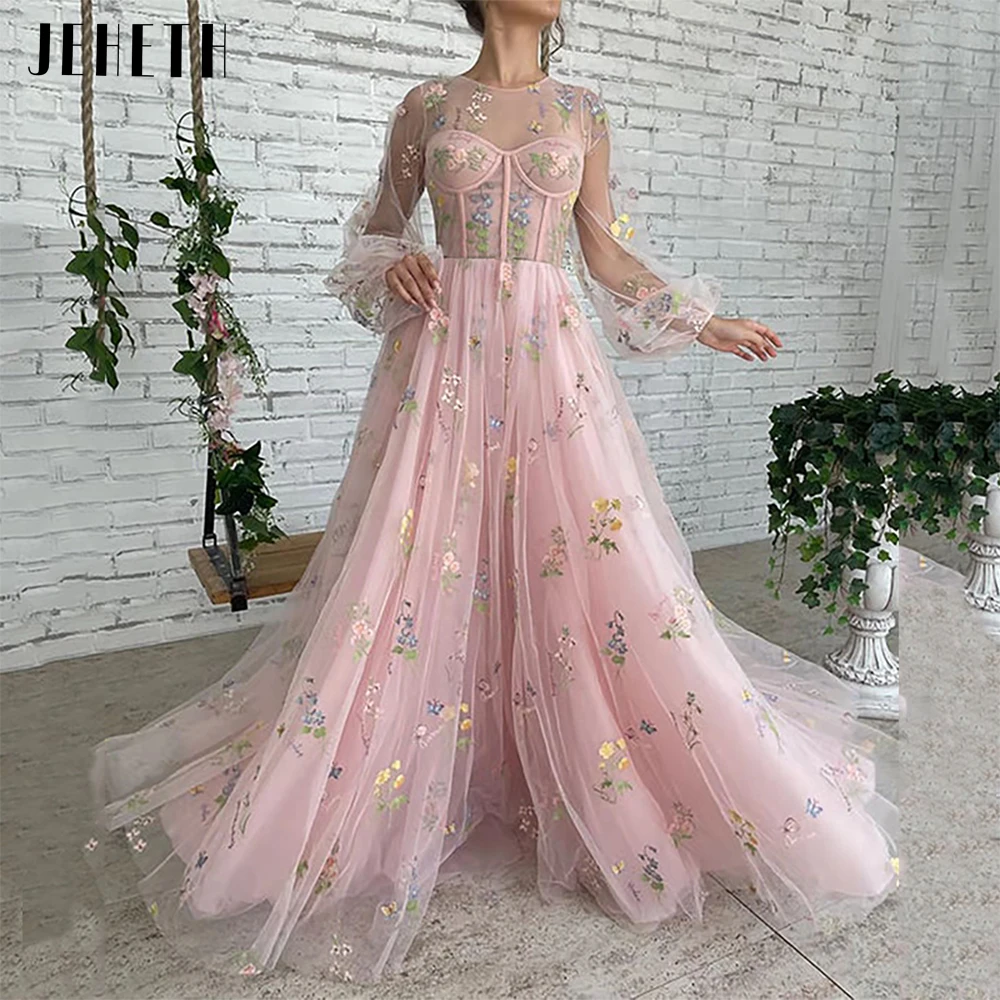 Guitar Hcondamned-Robe de Rhen dentelle brodée, tulle pastChev, manches longues dégradées, ligne A au dos, col rond, robe de soirée, longueur au sol