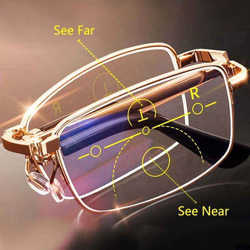 Lunettes de lecture pliantes lunettes biofocales progressives portables hommes Parent Anti-rayon bleu presbyte lunettes avec étui en cuir
