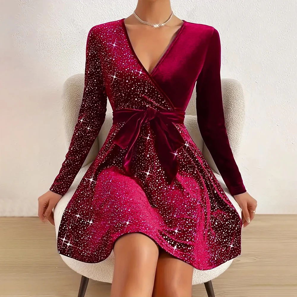 Mini robe en velours à manches longues pour femmes, col en V sexy, paillettes, ceinture scintillante, robes de soirée, mode, monochromatique, élégante, offre spéciale
