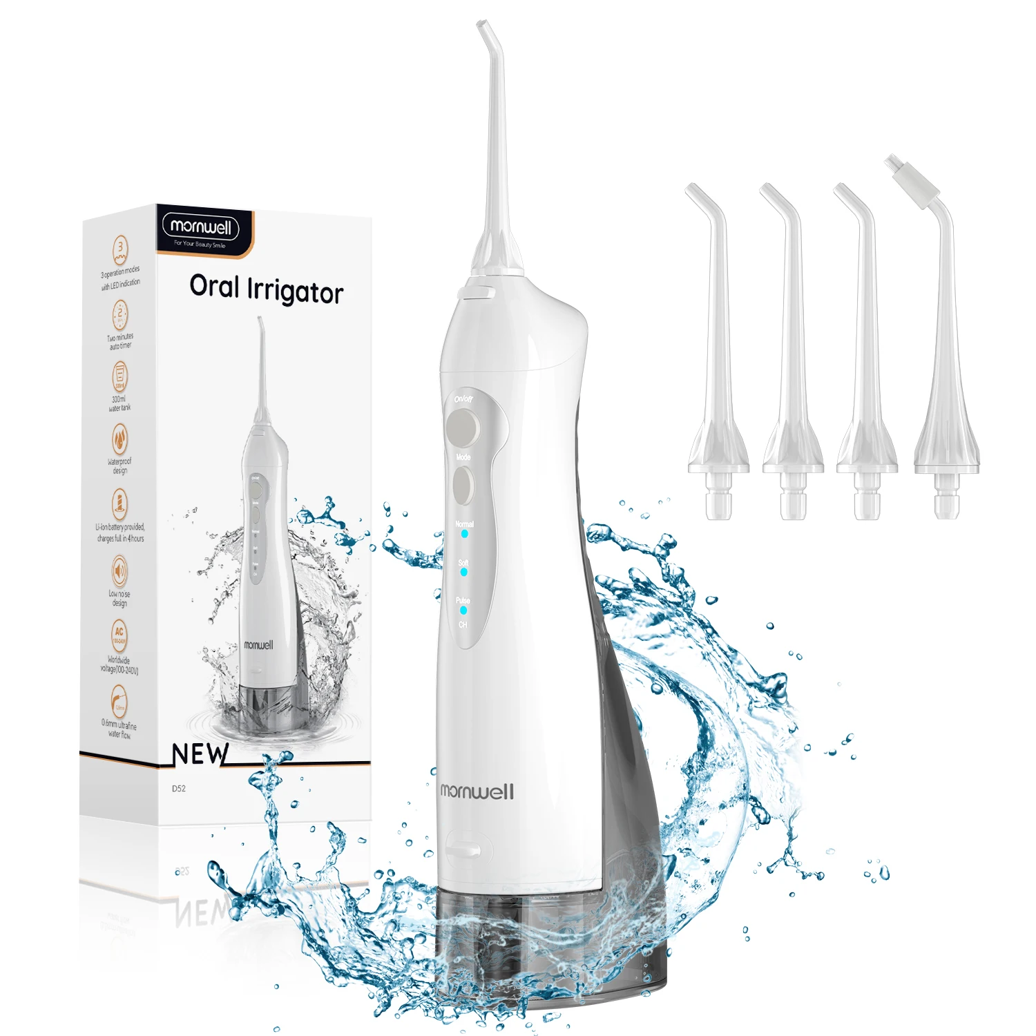 Irrigateur buccal D52, fil dentaire Portable, Jet d'eau Rechargeable par USB, cure-dents, 4 pointes de Jet, 300ml, 3 Modes de nettoyage des dents