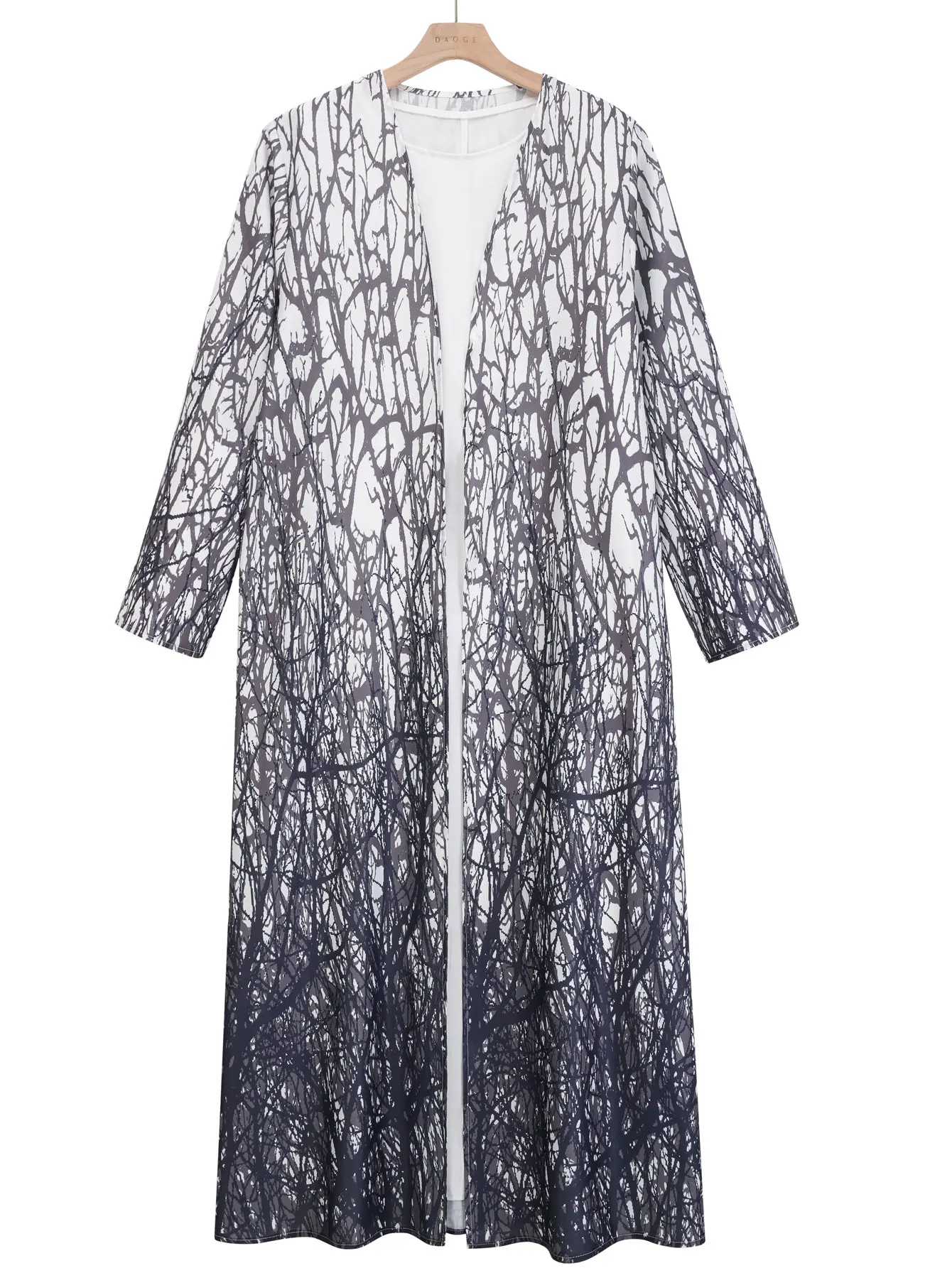 Nouveau Dubaï élégant noir blanc branche d'arbre imprimé caftan islamique Long manteau avec coupe ample pour le culte islamique décontractée musulmane Eid