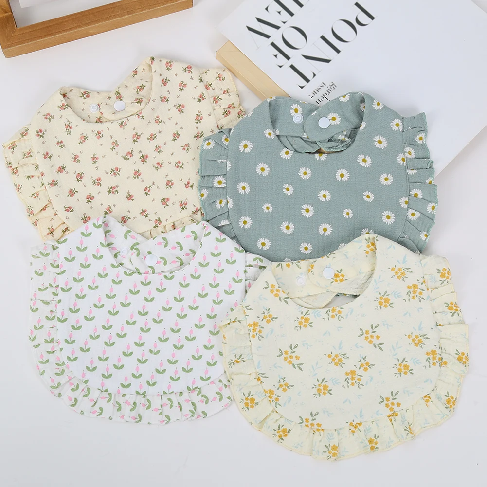 Bavoirs pour bébé imprimés de fleurs, serviette de salive réglable, bord à volants, mousseline de coton, tissus pour rots, arc-en-ciel, écharpe d'alimentation pour filles de qualité A