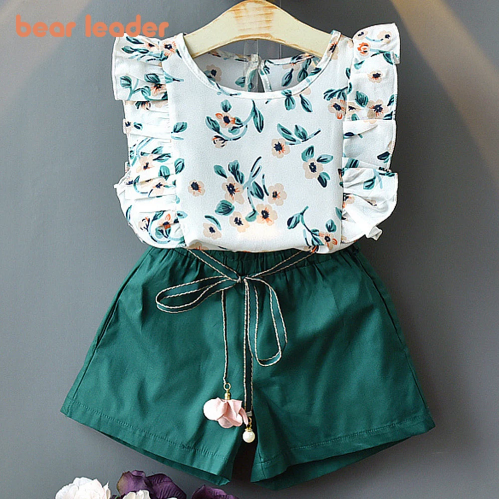 Bear Leader – vêtements pour enfants filles, chemise + short à rayures, costume 2 pièces, avec nœud floral, à la mode, ensembles de vêtements pour enfants, 2022