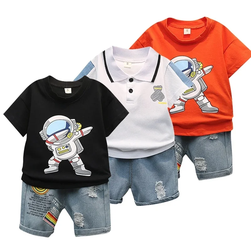 T-shirt à Manches Courtes en Denim pour Enfant Garçon de 0 à 5 Ans, Vêtement de dehors Décontracté, de Couleur Unie, Ensemble de 2 Pièces
