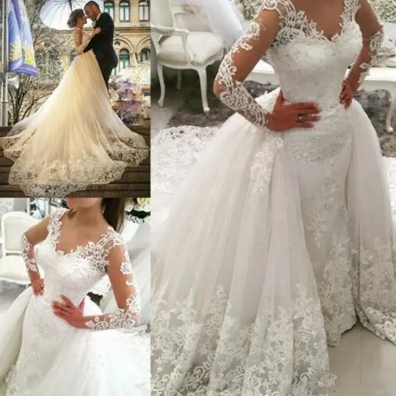 Robes de mariée blanches personnalisées, robes de mariée à manches longues, robe de bal avec traîne en dentelle, taille personnalisée