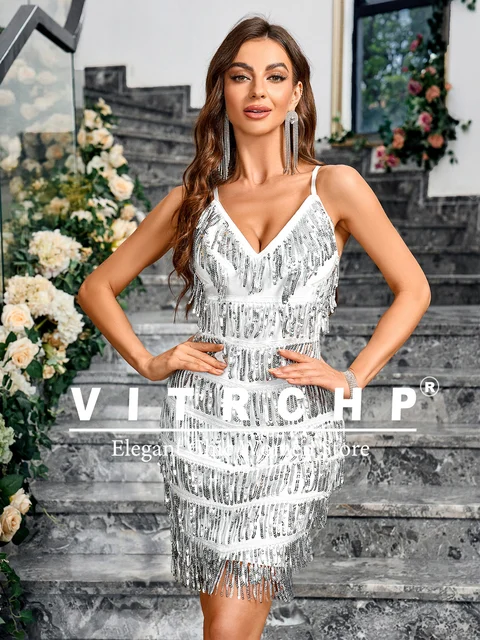 Robe de Soirée Sexy à Bretelles et Col en V pour Femme, Dos aux, Mini Paillettes, Franges, ixd'Anniversaire, Boîte de Nuit, Été, 2025 – Image 6