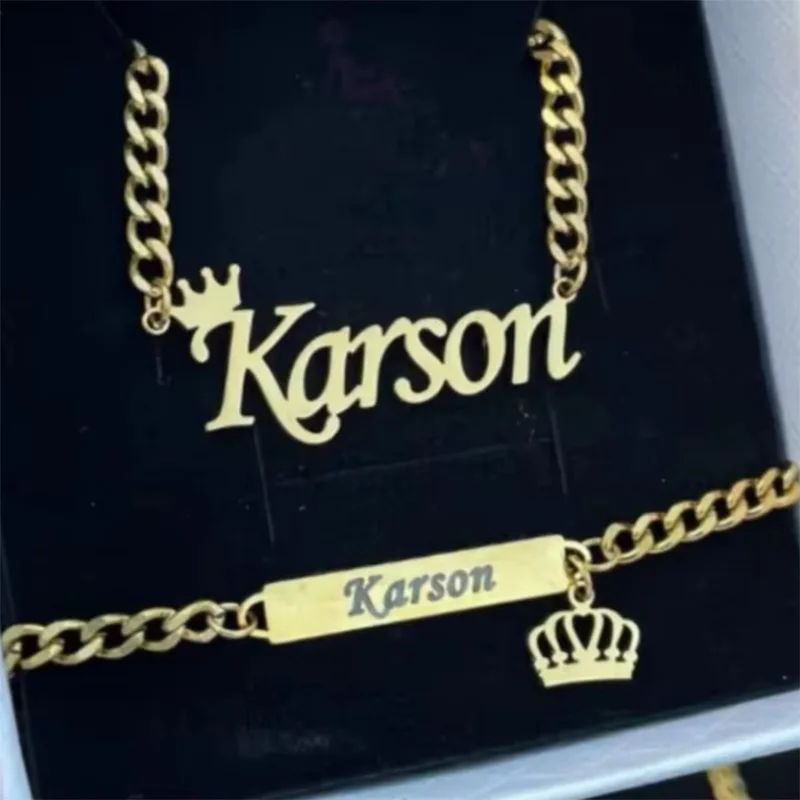 365 Customized Name Set Stainless Steel Personalized Necklace Bracelet Thin Chain For Women Charming Jewelries Girls Gifts