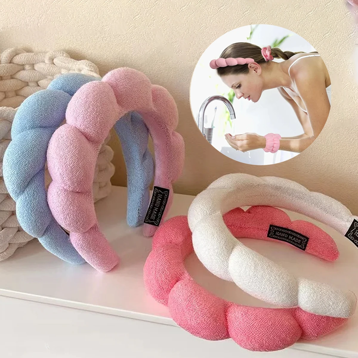 Bracelets de lavage en microfibre, 3 pièces, chouchous, bandeau bouffant, bandeau à bulles pour Spa, pour laver le visage, maquillage, douche, soins de la peau