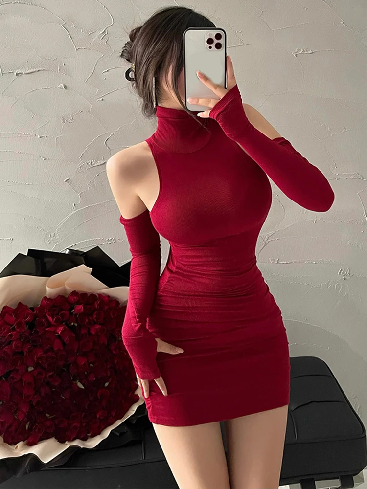 Mini robe plissée sans manches pour femmes, slim, col haut, à lacets, noire, serrée, élastique, débardeur de fête, nouvelle collection automne 2025