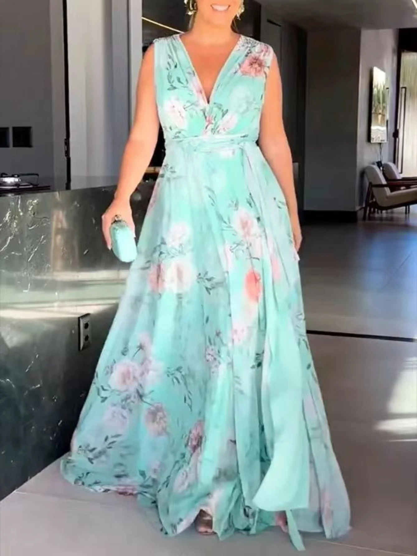 Robe de cocktail longue à imprimé vintage pour femmes, tenue d'été à la mode, élégante, col en V, dos nu, style bohème